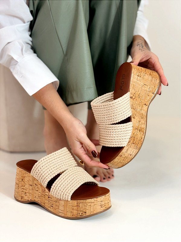 Sandália Feminina Anabela com Corda Madalena - Marrom / Off White