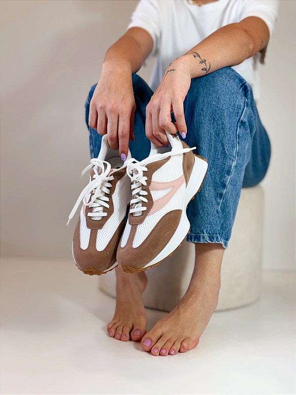 Tênis Feminino Denver – Bege, Branco e Rosa