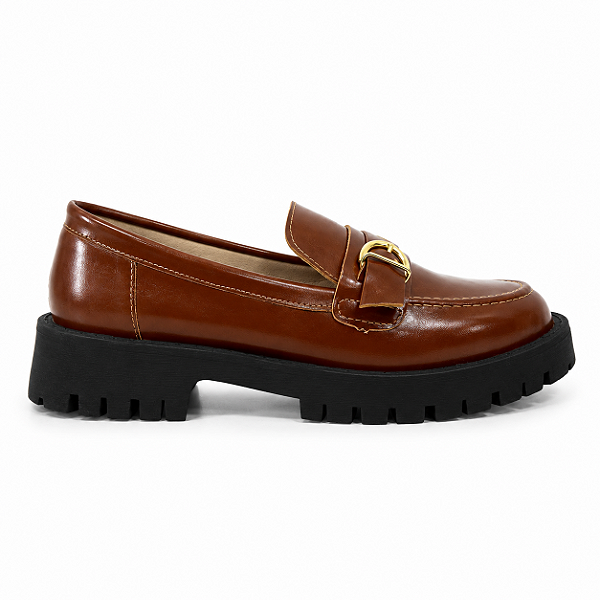 Mocassim Feminino Tratorado Jane – Caramelo com Fivela Dourada