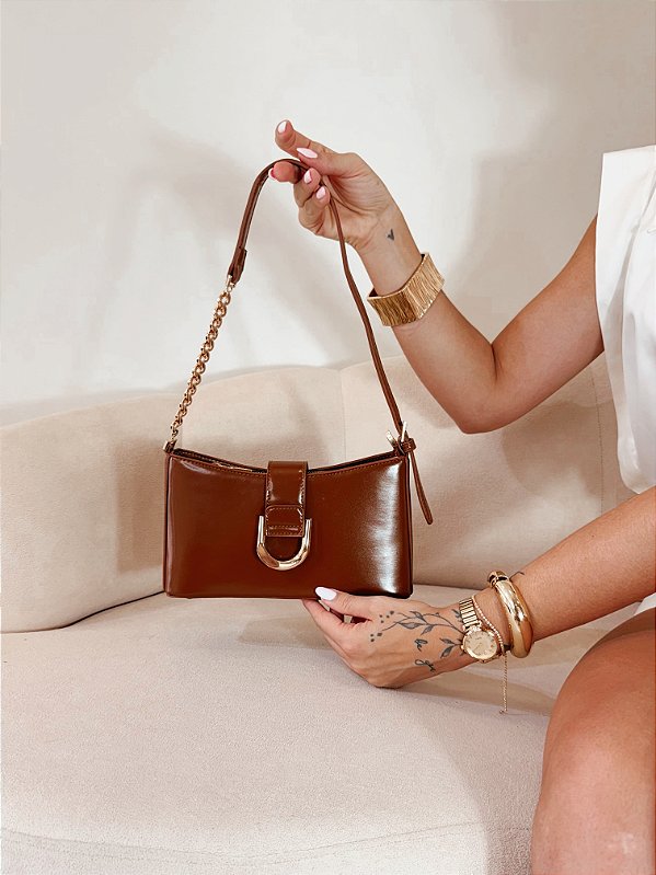 Bolsa Feminina Milano – Café com Fivela Dourada