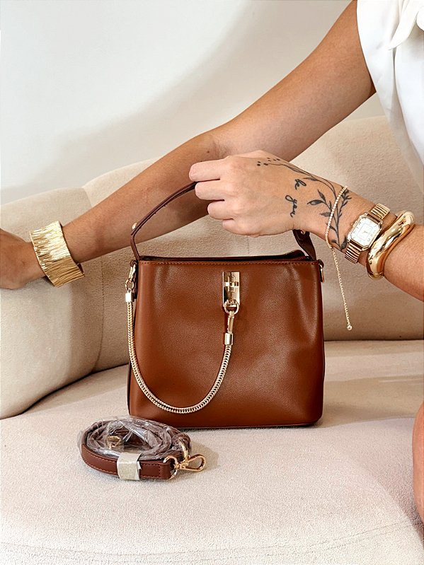Bolsa Feminina Olivia – Caramelo com Café Estruturada