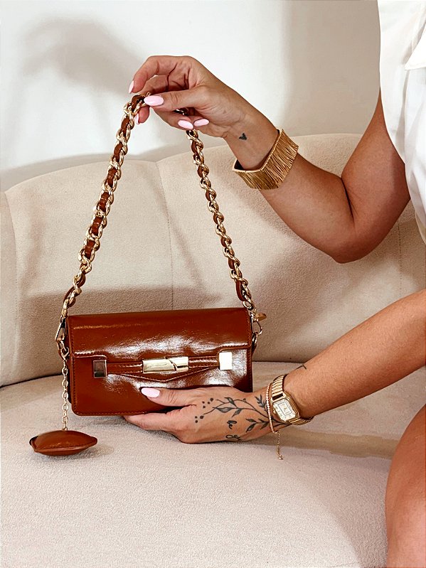 Bolsa Feminina Luna – Caramelo com Corrente Dourada
