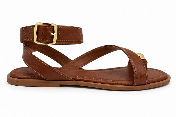 Rasteira Feminina Evelin – Caramelo Destroyed com Detalhe Dourado