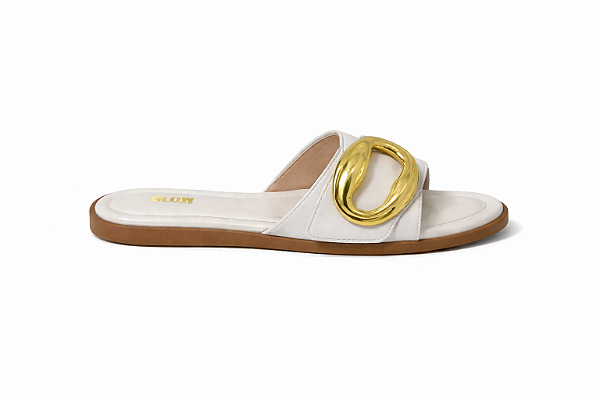 Rasteira Feminina Nice – Off White em Sintético Madrid com Peça Dourada