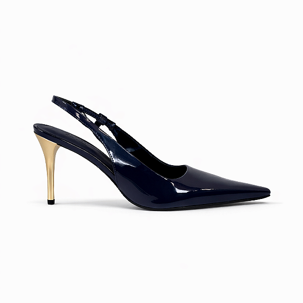 Scarpin Feminino Mônaco – Azul Marinho em Verniz com Salto Dourado 7cm