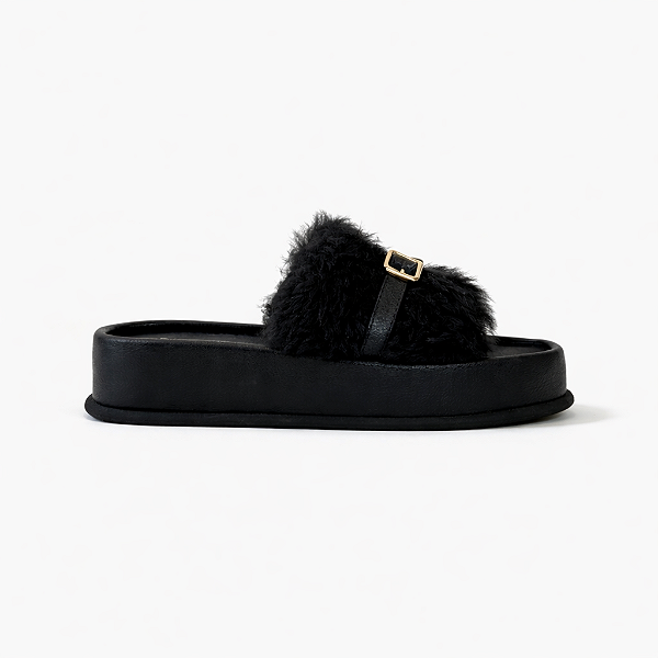 Tamanco Flat Feminino Liz – Preto com Pelo
