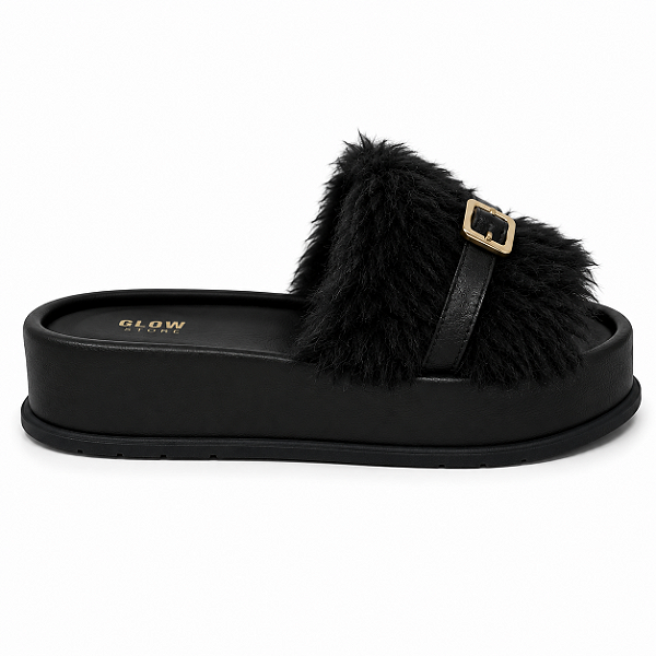 Tamanco Flat Feminino Liz – Preto com Pelo