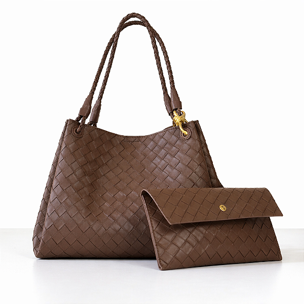 Bolsa Feminina Karina – Café Tramada Grande com Clutch