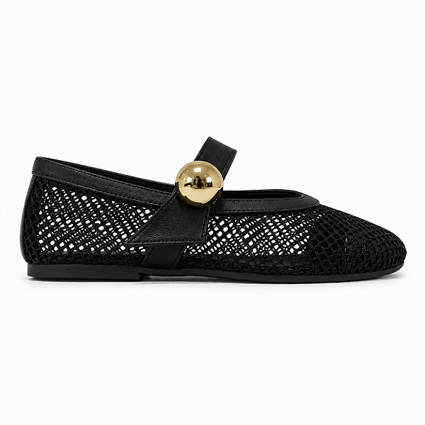 Sapatilha Feminina Pri - Preta em Tela com Detalhe Dourado | Glow Store