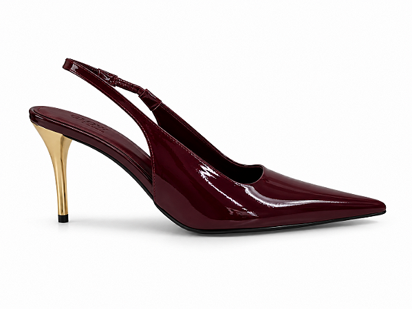 Scarpin Feminino Mônaco - Marsala Verniz com Salto Dourado 7 cm | Glow Store