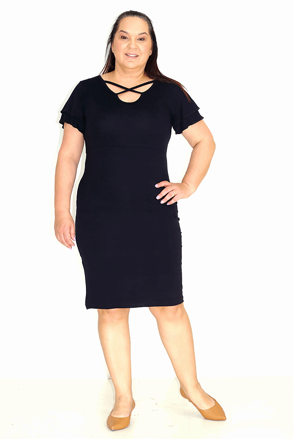 Vestido em Viscolycra Liso com Detalhe em X no Decote