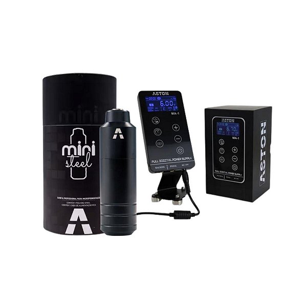 Kit Pen Mini Steel + Fonte Aston MA-1 Tatuagem Tattoo Preto
