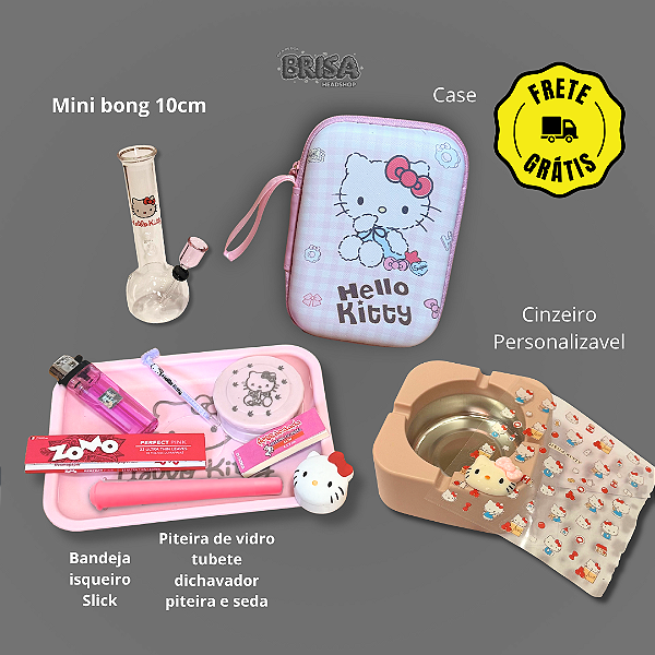 Kit Hello Kitty Completo - Bandeja + Case Xadrez + Mini Bong + Cinzeiro