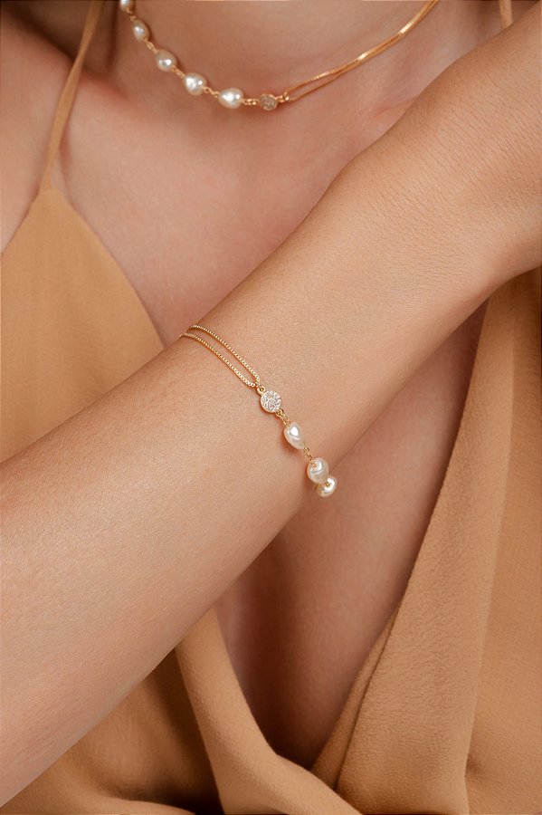 Pulseira Dupla Veneziana com Pérolas e Zircônia