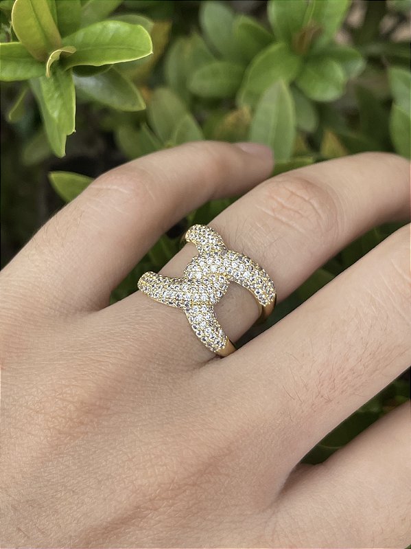 Anel Entrelaçado Liso com Cravejado