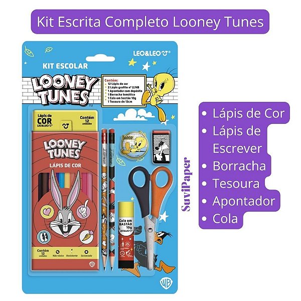 Kit Completo Looney Tunes com Lápis de Cor 12 Cores (Apontador, Lápis HB, Borracha, Tesoura, Cola)
