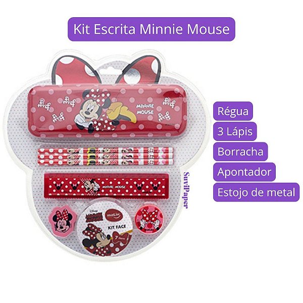 Kit Minnie Mouse Molin com Estojo de Metal, Lápis, Régua, Borracha, Apontador Molin