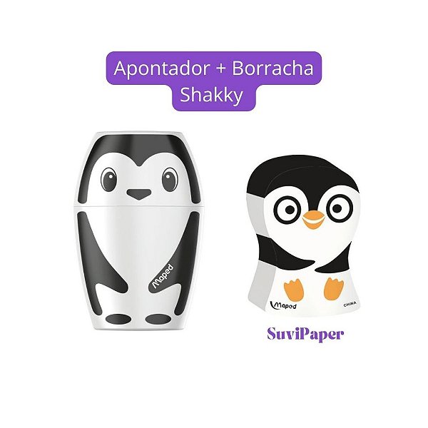 Kit Apontador com Depósito + Borracha Shakky Pinguim Maped