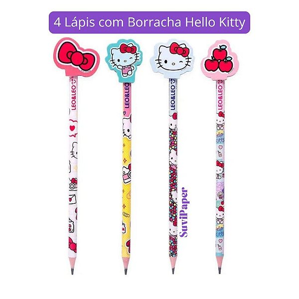 4 Lápis Topper Hello Kitty com Borracha Léo e Léo