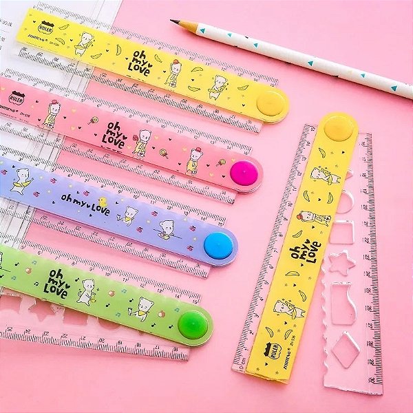 Régua Plástica Estampada com Diversas Formas Geométricas -15cm a 30 centímetros