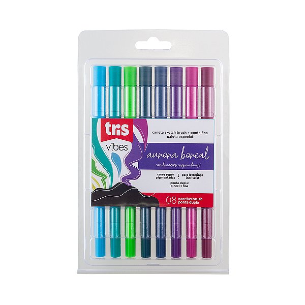 Brush Pen  4.4mm e Canetinha 2.5mm Aurora Boreal 8 cores Tris Vibes