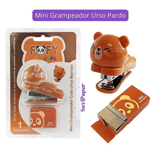 Mini Grampeador Urso Pardo com 480 Grampos