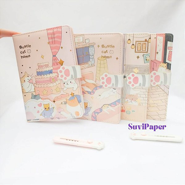 Caderno Luxo A5 Gatos com Capa Acolchoada com Fecho Magnético de Patinha 112 folhas