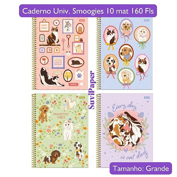 Caderno Universitário Grande Smoogies 10 Matérias Pets Cachorro e Gato Modelo 2025 Foroni 160 Folhas