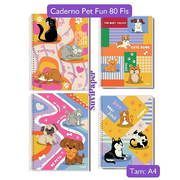 Caderno Universitário Escolar Grande Pet Fun Coleção 2025 1 Matéria 80 Folhas Credeal