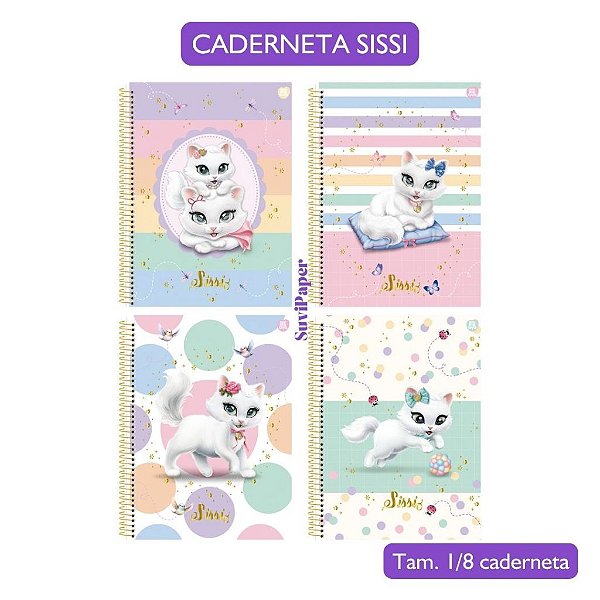 Caderneta 1/8 Sissi 2025 Anotações, Planner permanente ou Agenda Sissi SD 10,1x15cm - 80 folhas - Coleção Gatinho/ Gato