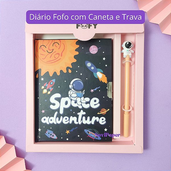 Caderno Diário Luxo Astronauta Laranja  A5 Cadeado e Caneta Gel Fofy 50 Folhas Decoradas - Presente