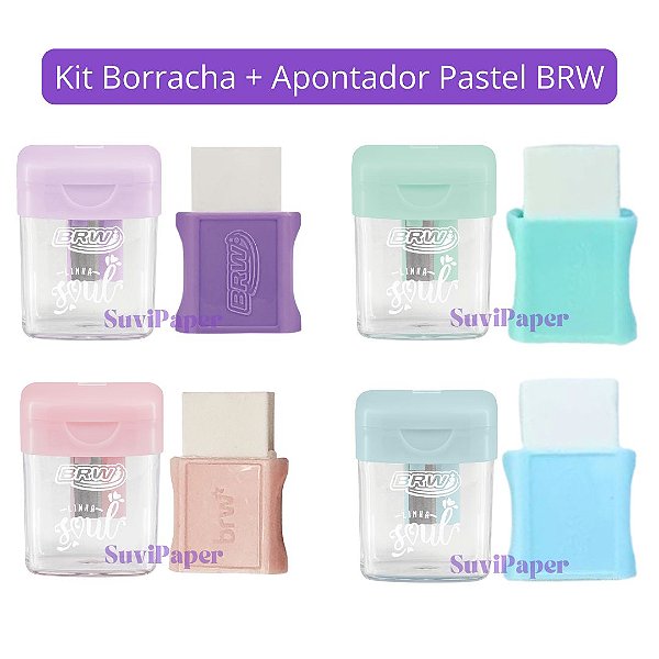 Kit Apontador com Depósito Pastel + Borracha com Capa Pastel BRW - Tons Pastel