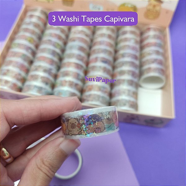3 Fita Washi Tape Holográfica Capivara Fofa 1mx1,5cm