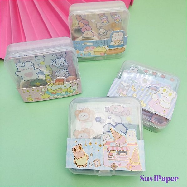 Mini Caixa Surpresa Box 2 Washi Tape, 2 Cartelas Adesivas e Folhas Decoradas - Box Surpresa Pequena Importado