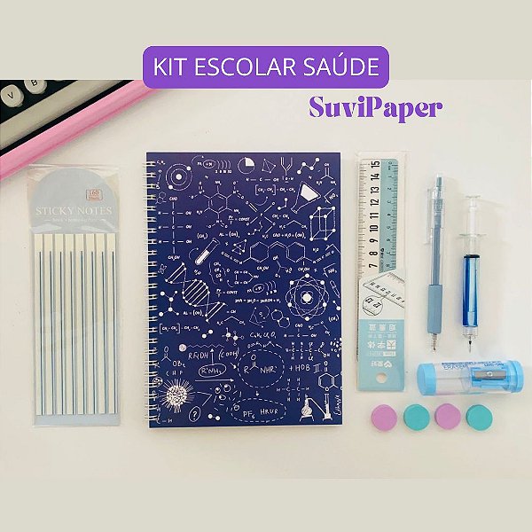 Kit Escolar Saúde Presente Caderno, Régua, Caneta, Lapiseira, Borracha, Marca Páginas Decorada Saúde