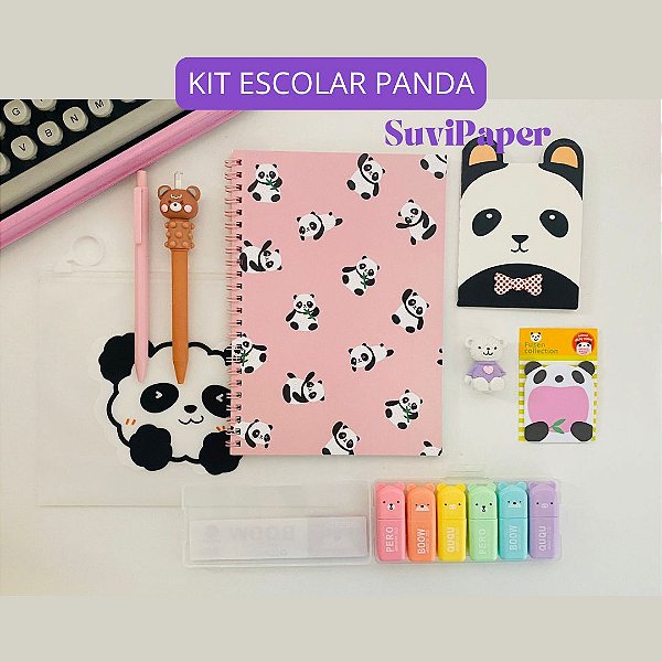 Kit Escolar de Ursinho e Panda Presente Caderno, Bloco de Notas, Caneta, Lapiseira, Borracha, Marca Texto Decorada Urso