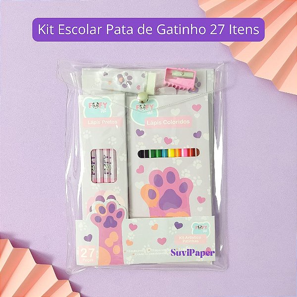 Kit Artístico Escolar Patinha de Gato 27 Itens Fofy - Caderno, Lápis de Cor, Lápis de Escrever