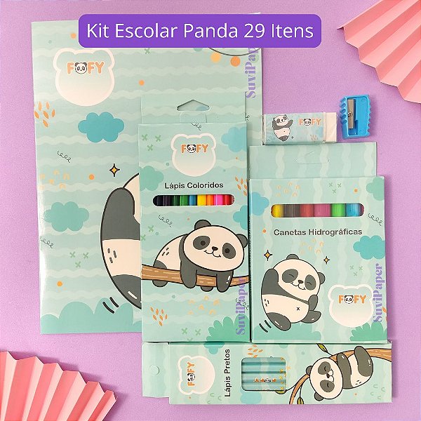 Kit Artístico Escolar Urso Panda Feliz 29 Itens Fofy - Caderno, Lápis de Cor, Lápis de Escrever, Canetinha
