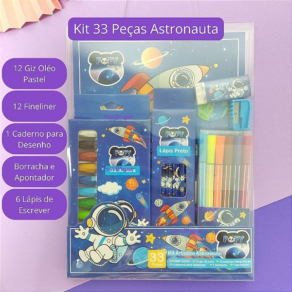 Kit Artístico Escolar Astronauta Menino 33 Itens Fofy - Caderno, Lápis de Cor, Lápis de Escrever