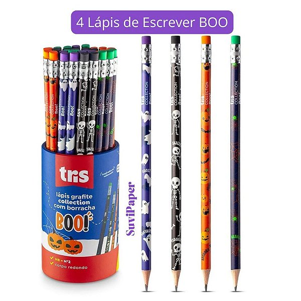 4 Lápis de Escrever HB Boo Halloween - Tris Lápis Grafite Escolar com Borracha