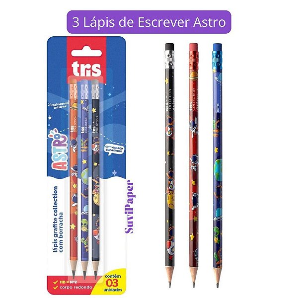Lápis de Escrever HB Com Borracha - Tris Collection Astro - HB - Cart 3 Un Lápis de Escrever Escolar Astronauta