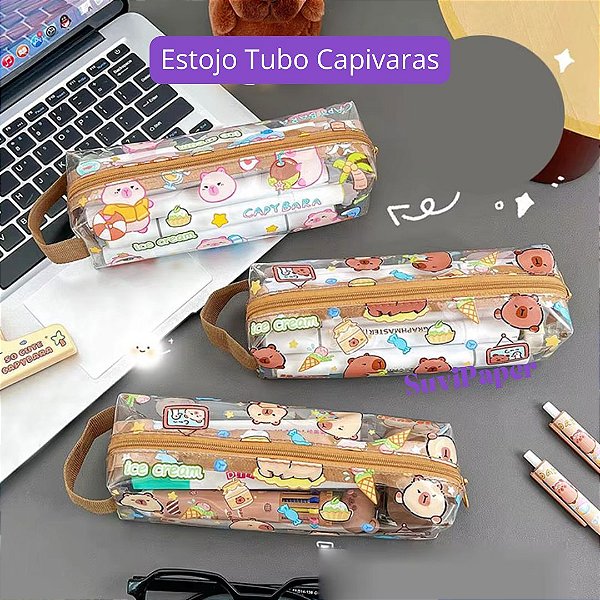 Estojo Escolar Tubo Transparente Médio Decorado Capivara Importado Kawaii 20,5x7,5x5,5cm Cristal