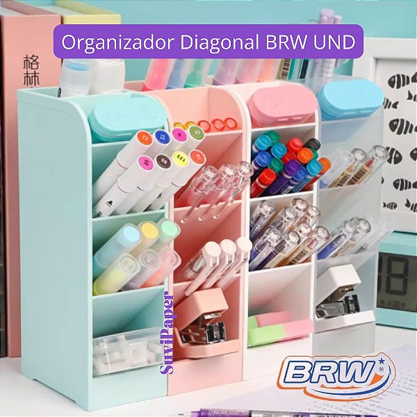 Organizador De Mesa Tons Pastel e Translúcido Porta Lápis Caneta 5 Divisórias Multiuso BRW