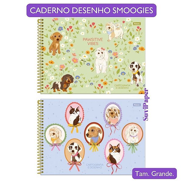 Caderno de cartografia e Desenho Smoogies Pets Cachorro e Gato Modelo 2025 Foroni 80 Folhas