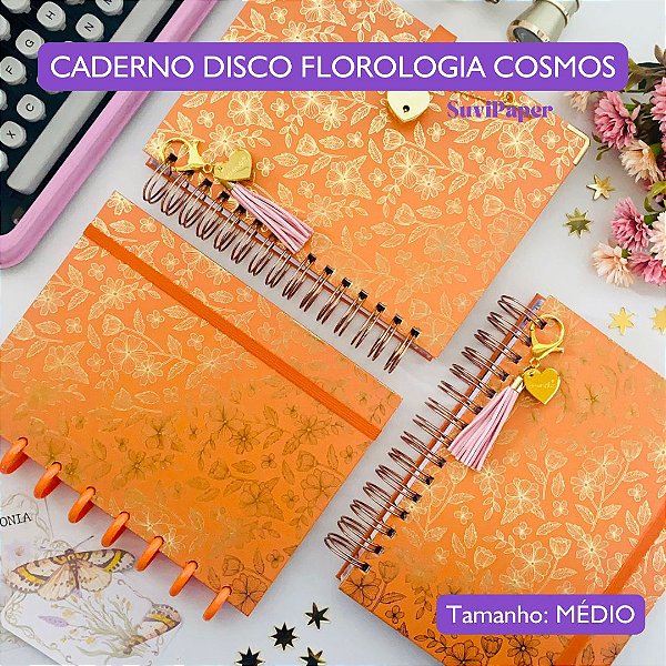Caderno de Disco - Florologia Cosmos Laranja 70 Folhas Decoradas Tamanho A5 (21 x 14,8cm) Flores