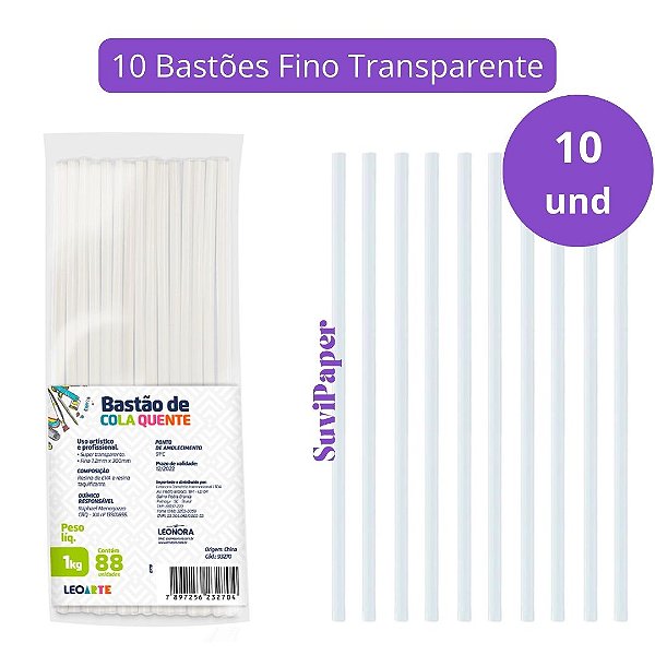 Kit 10 Bastão de Cola Quente Fino Transparente Léo e Léo - 10un Tamanho 7,2x30cm