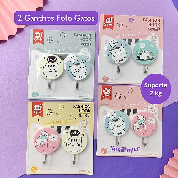 2 Gancho Decorativos Gatos Porta-Chaves Auto-Adesivo Kawaii  - Suporta 2kg