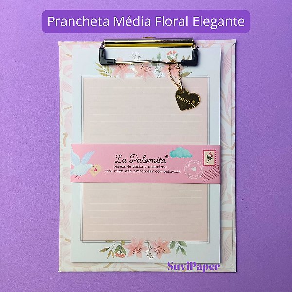 Prancheta Estampada A5 + 30 Folhas Decoradas Floral Elegante Kawaii