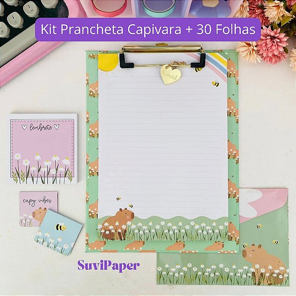 Prancheta A5 30 Folhas Decoradas Estampada Capivara Kawaii