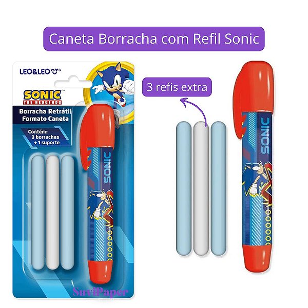 Caneta Borracha Retrátil Sonic + 3 refis Extra de Borracha Léo e Léo